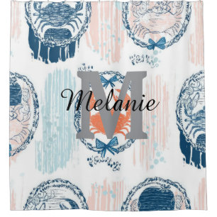 Nautical Crab Blue Orange Coastal Striped Pattern Shower Curtain
