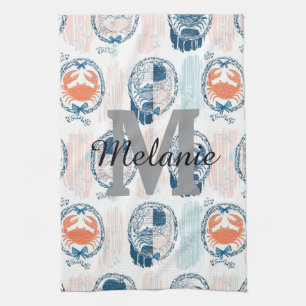 Nautical Crab Blue Orange Coastal Striped Pattern Tea Towel