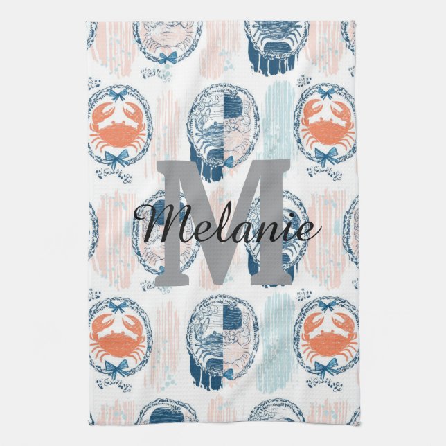 Nautical Crab Blue Orange Coastal Striped Pattern Tea Towel (Vertical)