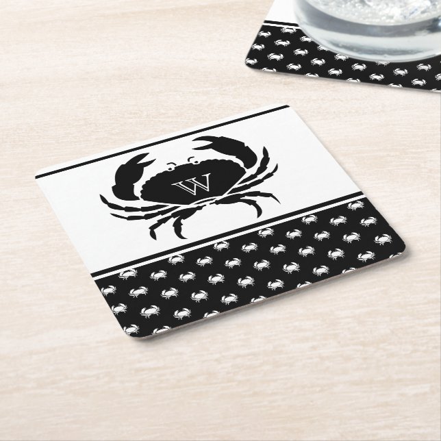  Nautical Crab Monogrammed Black and White  Square Paper Coaster (Angled)
