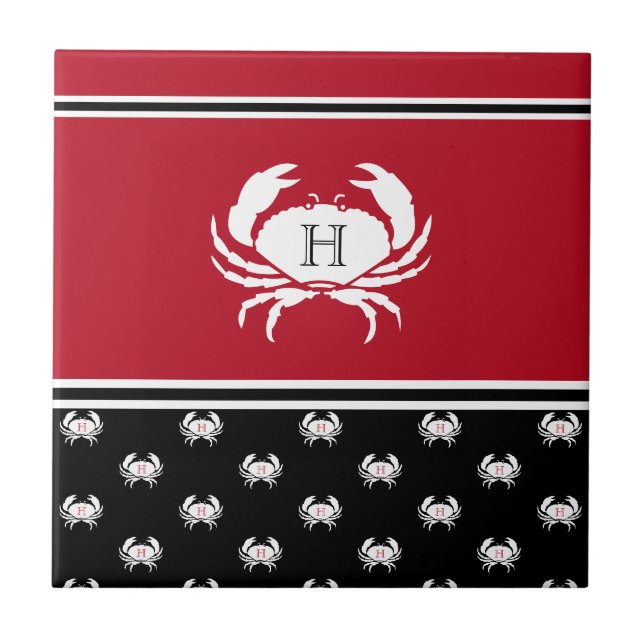  Nautical Crab Monogrammed Red Black White  Ceramic Tile (Front)
