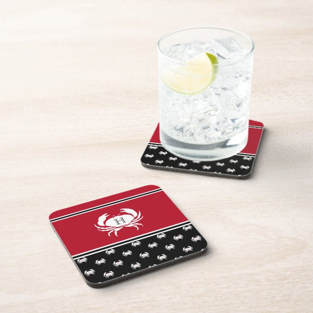  Nautical Crab Monogrammed Red Black White Coaster (Right Side)