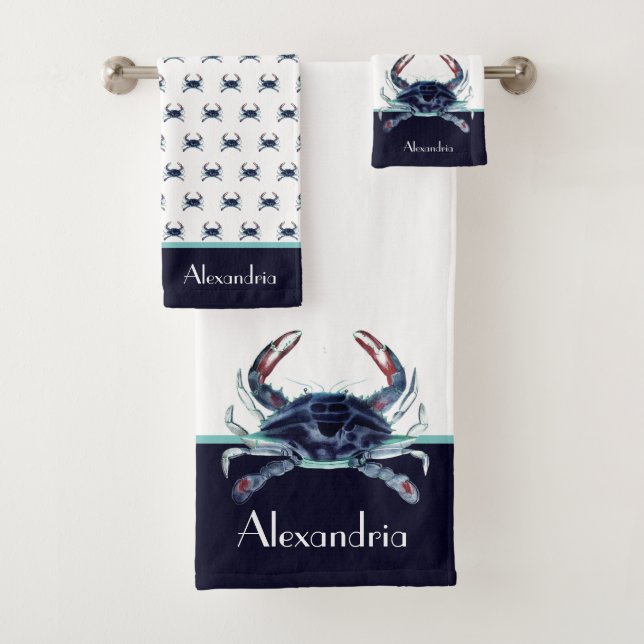 Nautical Crab Navy Blue Teal White Bath Towel Set (Insitu)
