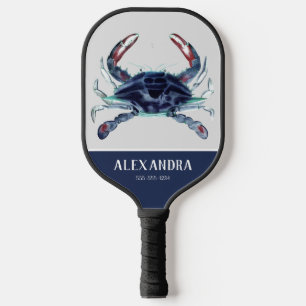 Nautical Crab Navy Blue White Monogram Name Pickleball Paddle