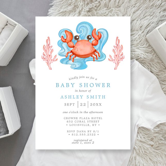Nautical Crab Ocean Watercolor Baby Shower Invitation (Creator Uploaded)