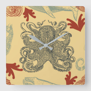 Nautical Crème Octopus Sea Monster Illustration Square Wall Clock