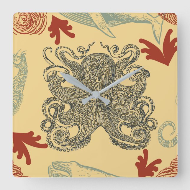 Nautical Crème Octopus Sea Monster Illustration Square Wall Clock (Front)