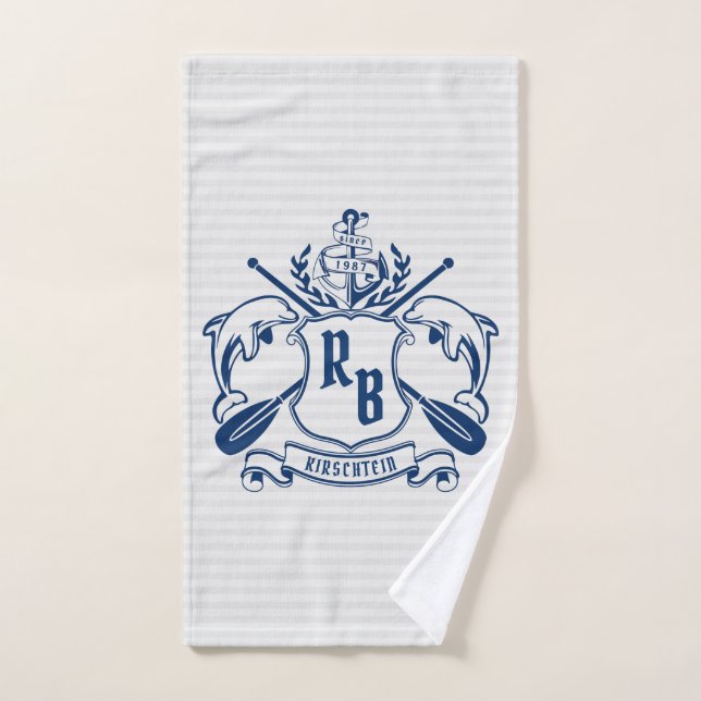 Nautical Crest Dolphins Anchor Oars Laurel Shield Hand Towel (Hand Towel)