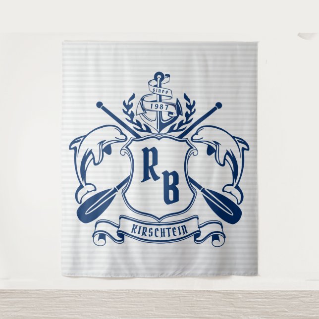 Nautical Crest Dolphins Anchor Oars Laurel Shield Tapestry (Front)