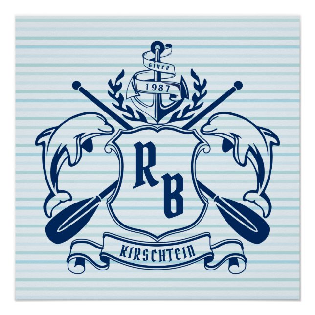 Nautical Crest Dolphins Anchor Oars Shield Coastal Poster (Front)