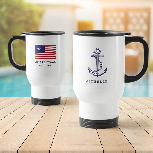 Nautical Custom Boat Name Anchor Flag Travel Mug (Creator Uploaded)