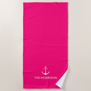 Nautical Custom Boat Name anchor hot pink fuchsia Beach Towel