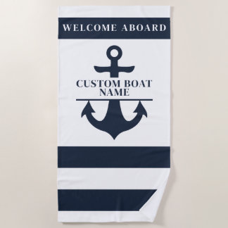 Nautical Custom Boat Name Anchor Navy Striped Beach Towel