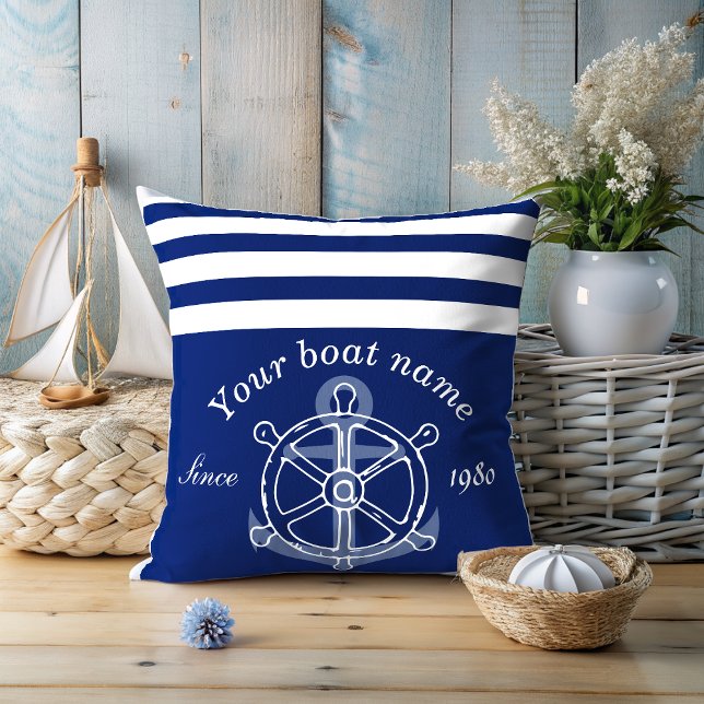 Nautical Custom Boat Name Anchor Wheel Navy Blue  Cushion (Creator Uploaded)