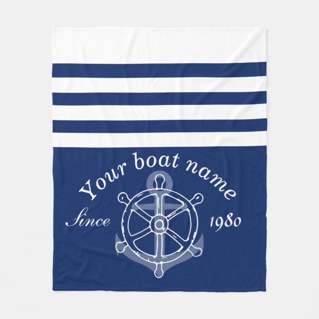 Nautical Custom Boat Name Anchor Wheel Navy Blue  Fleece Blanket (Front)