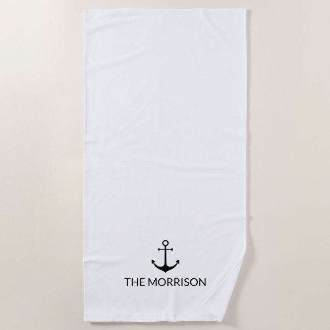 Nautical Custom Boat Name black anchor white Beach Towel (Front)