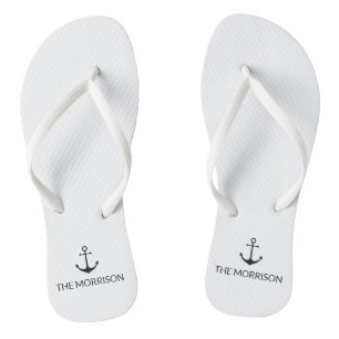 Nautical Custom Boat Name black anchor white Thongs