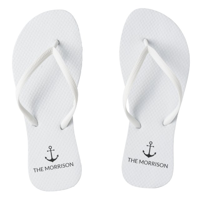 Nautical Custom Boat Name black anchor white Thongs (Footbed)