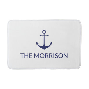 Nautical Custom Boat Name navy blue anchor white Bath Mat