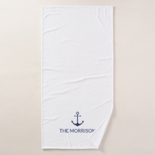 Nautical Custom Boat Name navy blue anchor white Bath Towel Set