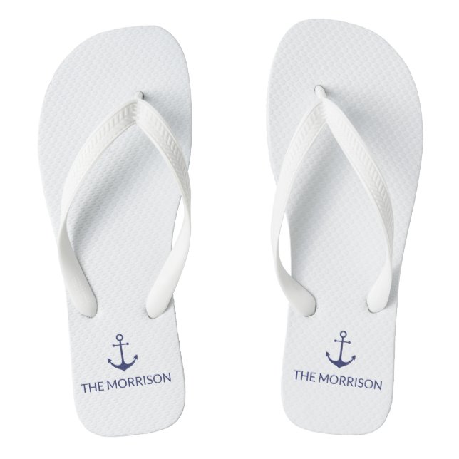 Nautical Custom Boat Name navy blue anchor white Thongs (Footbed)