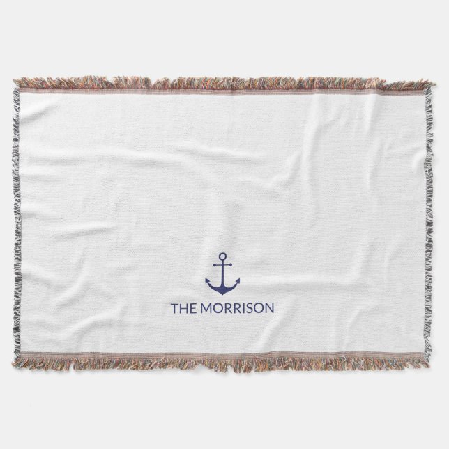 Nautical Custom Boat Name navy blue anchor white Throw Blanket (Front)