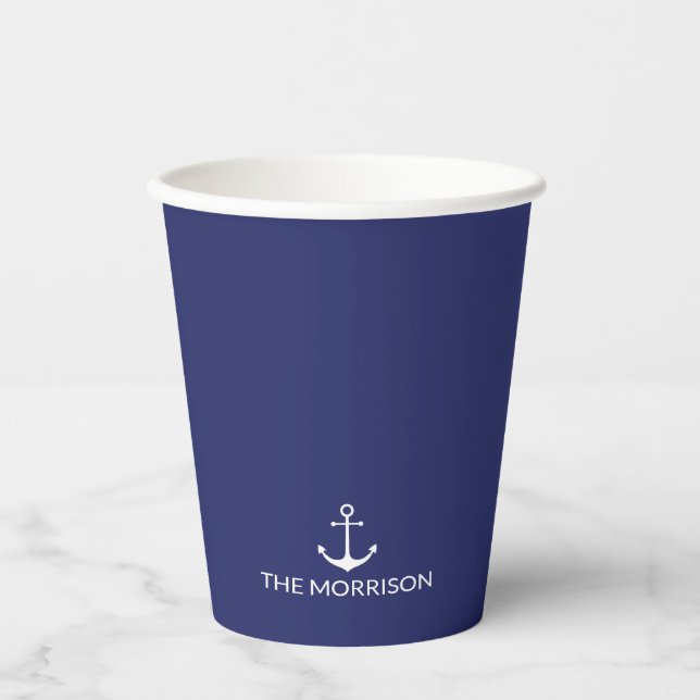 Nautical Custom Boat Name navy blue white anchor Paper Cups (Front)