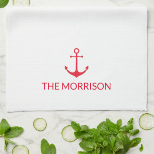 Nautical Custom Boat Name red anchor white Tea Towel