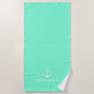 Nautical Custom Boat Name white anchor aqua Beach Towel