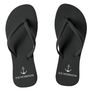 Nautical Custom Boat Name white anchor black Thongs