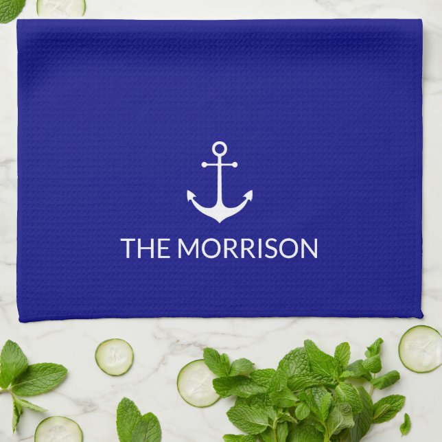 Nautical Custom Boat Name white anchor cobalt blue Tea Towel (Folded)
