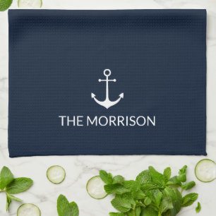 Nautical Custom Boat Name white anchor dark navy Tea Towel