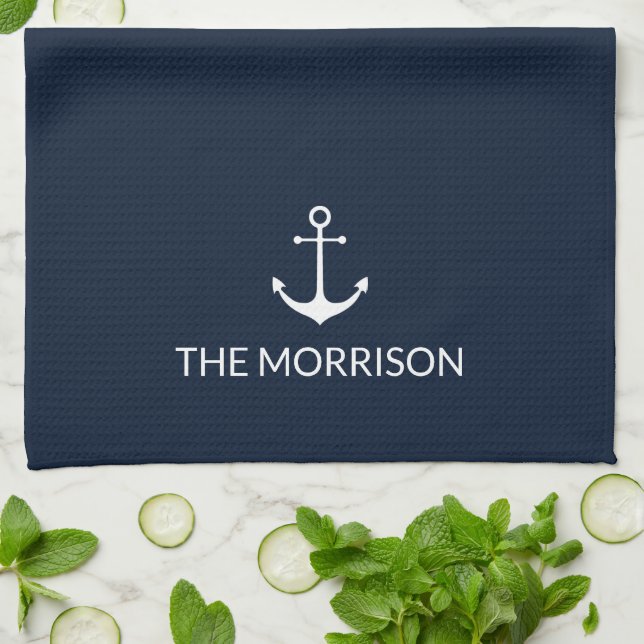 Nautical Custom Boat Name white anchor dark navy Tea Towel (Folded)