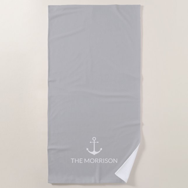 Nautical Custom Boat Name white anchor grey Beach Towel (Front)