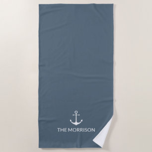 Nautical Custom Boat Name white anchor grey blue Beach Towel