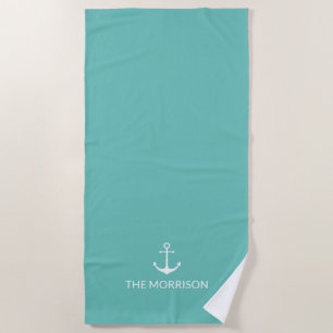Nautical Custom Boat Name white anchor light teal Beach Towel