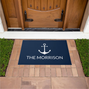 Nautical Custom Boat Name white anchor navy blue D Doormat