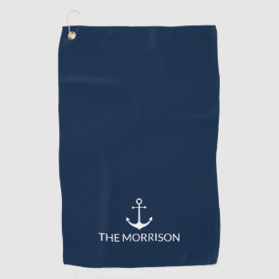 Nautical Custom Boat Name white anchor navy blue Golf Towel