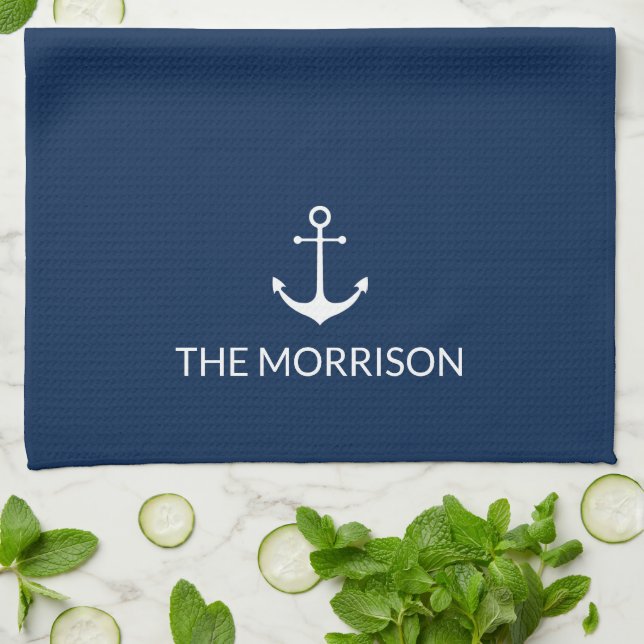 Nautical Custom Boat Name white anchor navy blue Tea Towel (Folded)