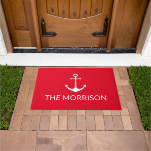 Nautical Custom Boat Name white anchor red Doormat
