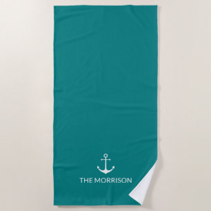 Nautical Custom Boat Name white anchor teal Beach Towel