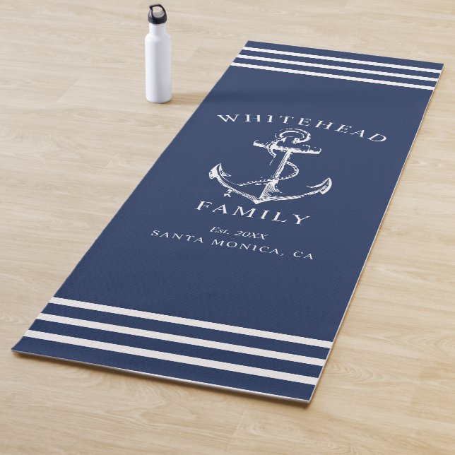 Nautical Custom Family Anchor Navy Blue Yoga Mat (In Situ)