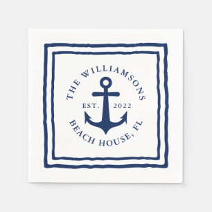 Nautical Custom Family Name White Navy Blue Anchor Napkin