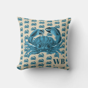 Nautical Custom Monogram Crab in Blue and Tan Cushion