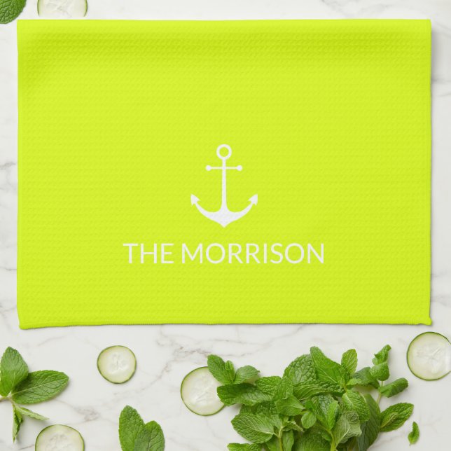 Nautical Custom Name anchor chartreuse lime green Tea Towel (Folded)