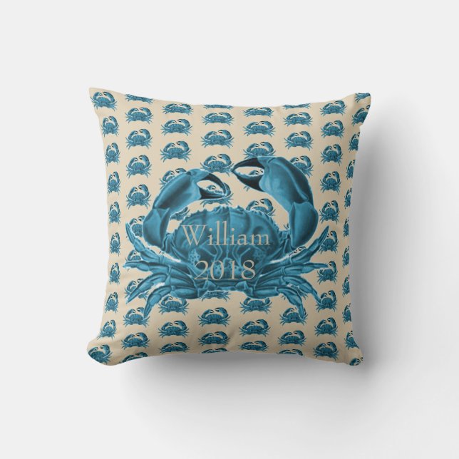 Nautical Custom Name Crab in Blue and Tan Cushion (Front)
