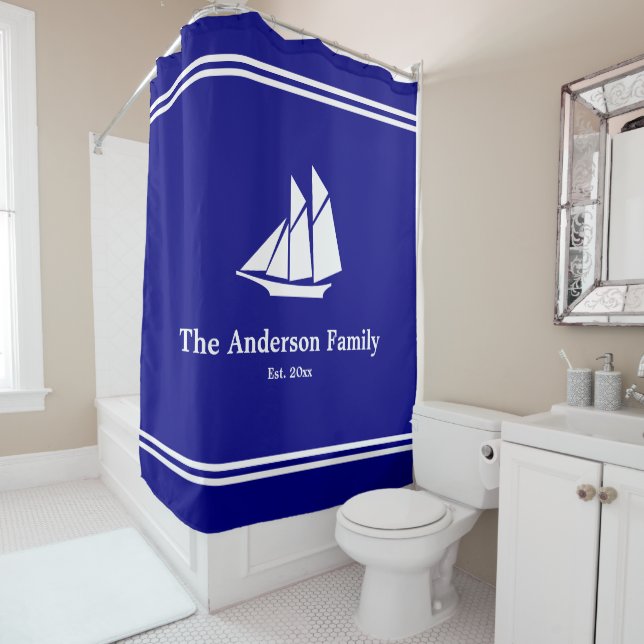Nautical Custom Text on Navy Blue and White  Shower Curtain (In Situ)