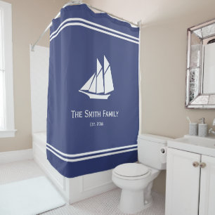 Nautical Custom Text with White Sailboat on Blue Shower Curtain