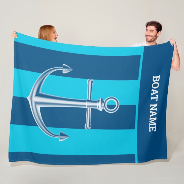 Nautical Customise Boat Name Anchor Navy Blue Fleece Blanket (In Situ)