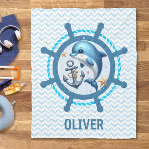 Nautical Cute Dolphin & Anchor in Ship Wheel  Fleece Blanket